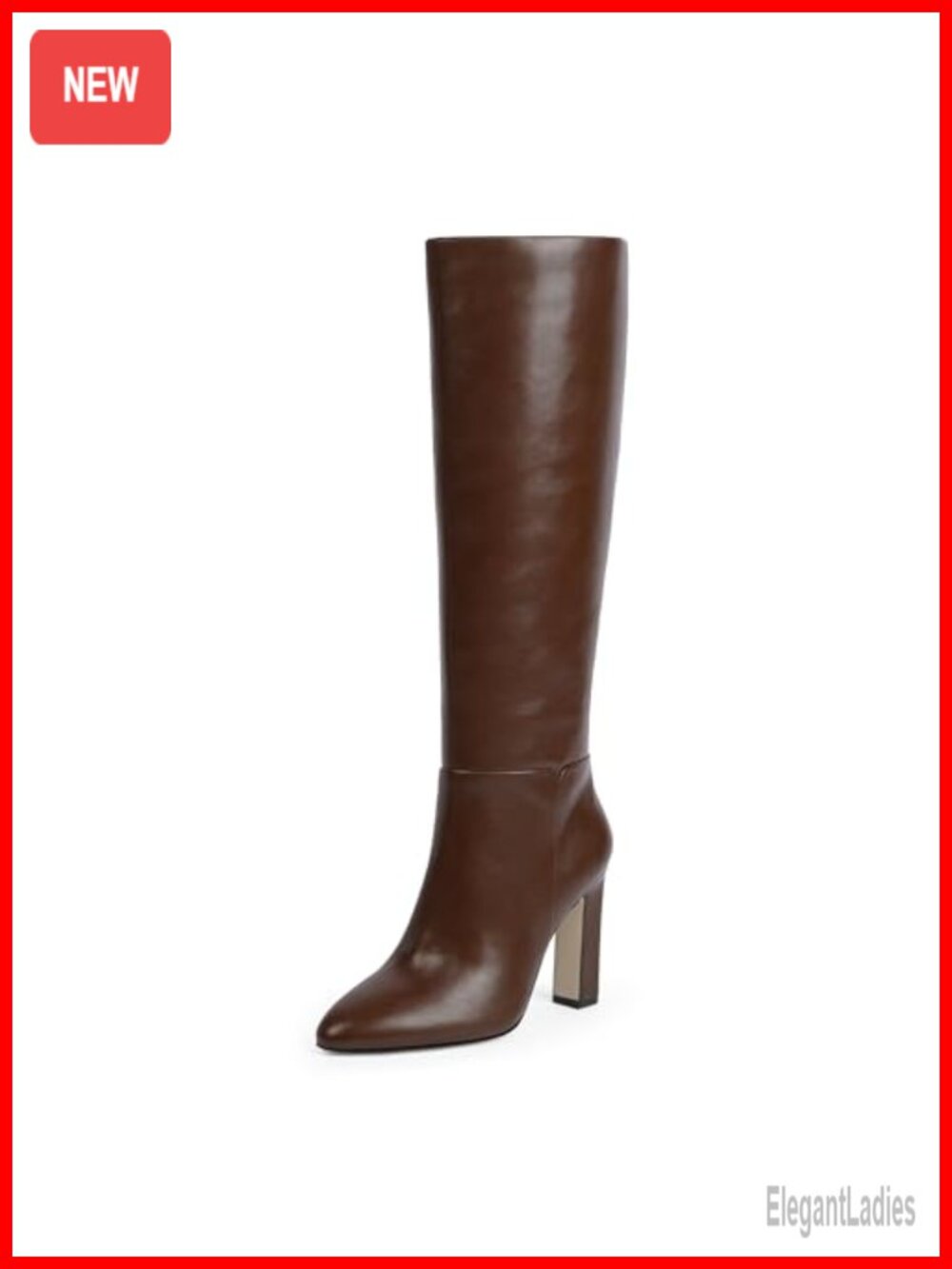Women Knee High Boots Faux Leather Almond Toe Chunky Block High Heel